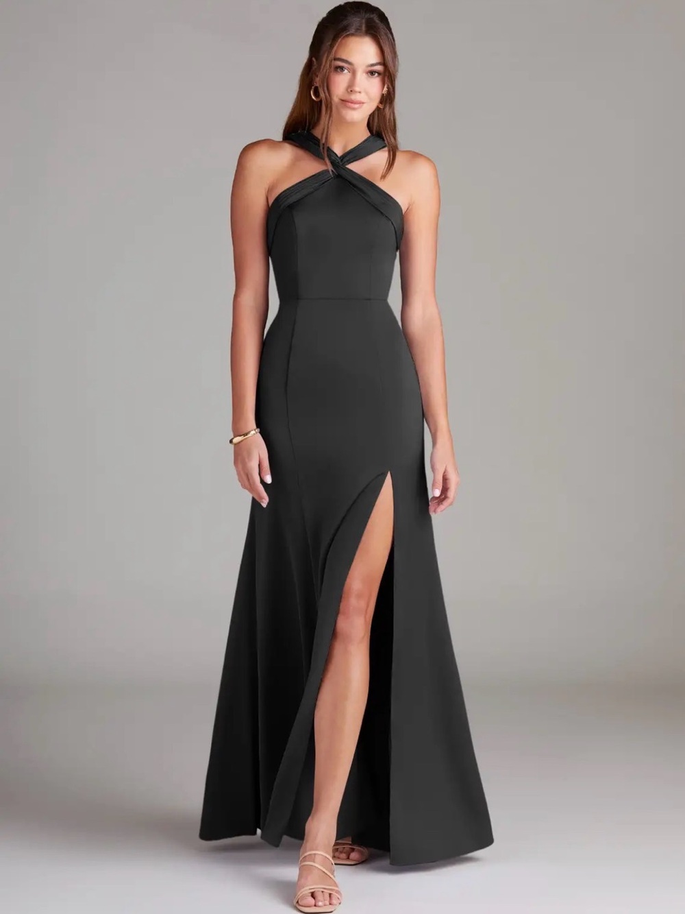 Azazie Black Cross-Halter Evening Gown with Front Slit
